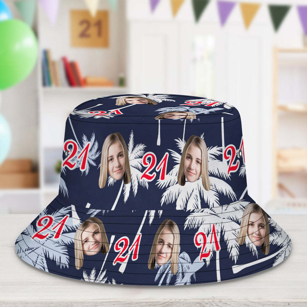 Custom Face And Number Birthday Bucket Hat Red And White Coconut Tree Hat - MyFaceSocksAu