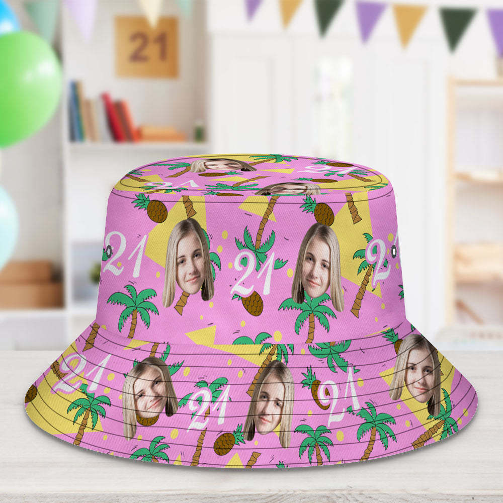 Custom Multi-color Face and Numbers BucketHat Coconut Tree and Pineapple Gift for Men - MyFaceSocksAu