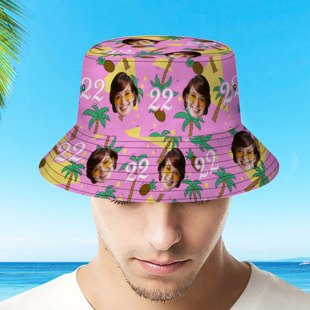 Custom Multi-color Face and Numbers BucketHat Coconut Tree and Pineapple Gift for Men - MyFaceSocksAu