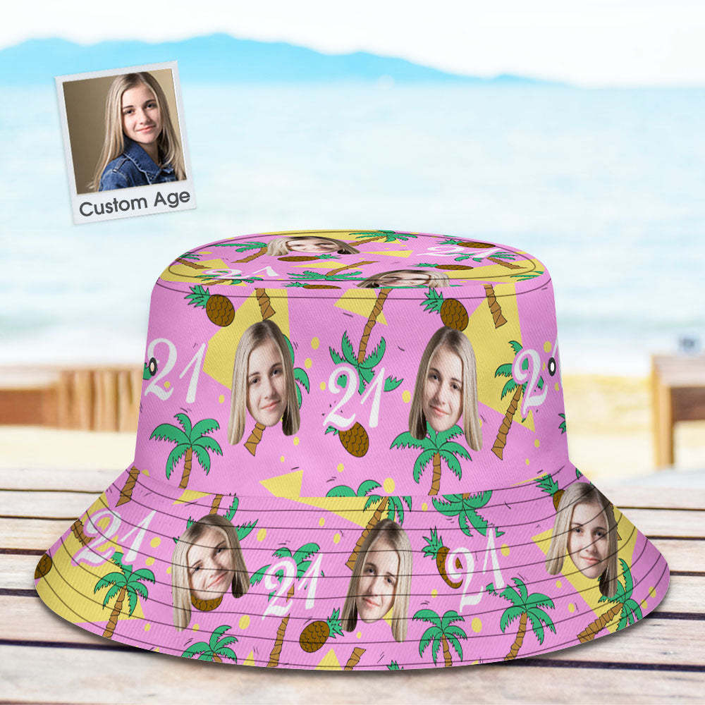Custom Multi-color Face and Numbers BucketHat Coconut Tree and Pineapple Gift for Men - MyFaceSocksAu