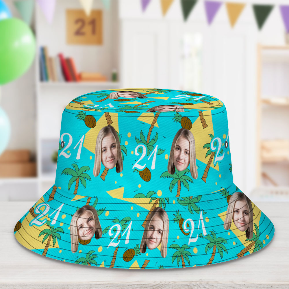 Custom Multi-color Face and Numbers BucketHat Coconut Tree and Pineapple Gift for Men - MyFaceSocksAu