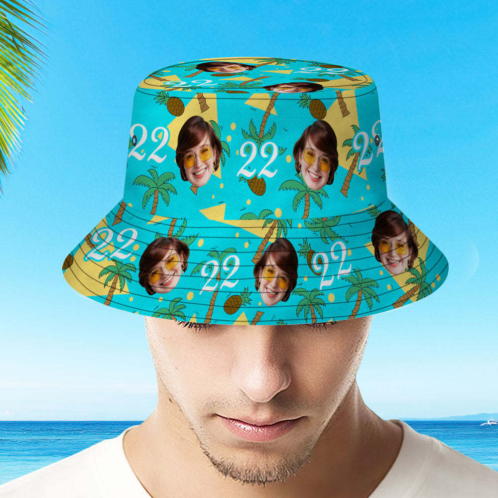 Custom Multi-color Face and Numbers BucketHat Coconut Tree and Pineapple Gift for Men - MyFaceSocksAu