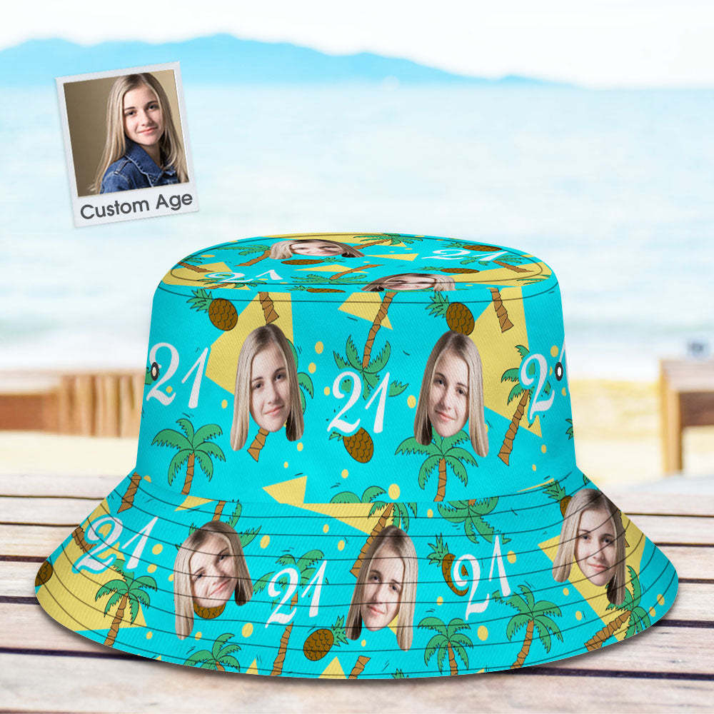 Custom Multi-color Face and Numbers BucketHat Coconut Tree and Pineapple Gift for Men - MyFaceSocksAu