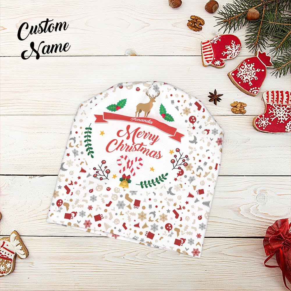 Custom Full Print Pullover Cap with Text Personalized Beanie Hats Christmas Gift for Him - Merry Chrstmas