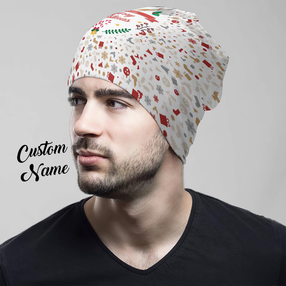 Custom Full Print Pullover Cap with Text Personalized Beanie Hats Christmas Gift for Him - Merry Chrstmas