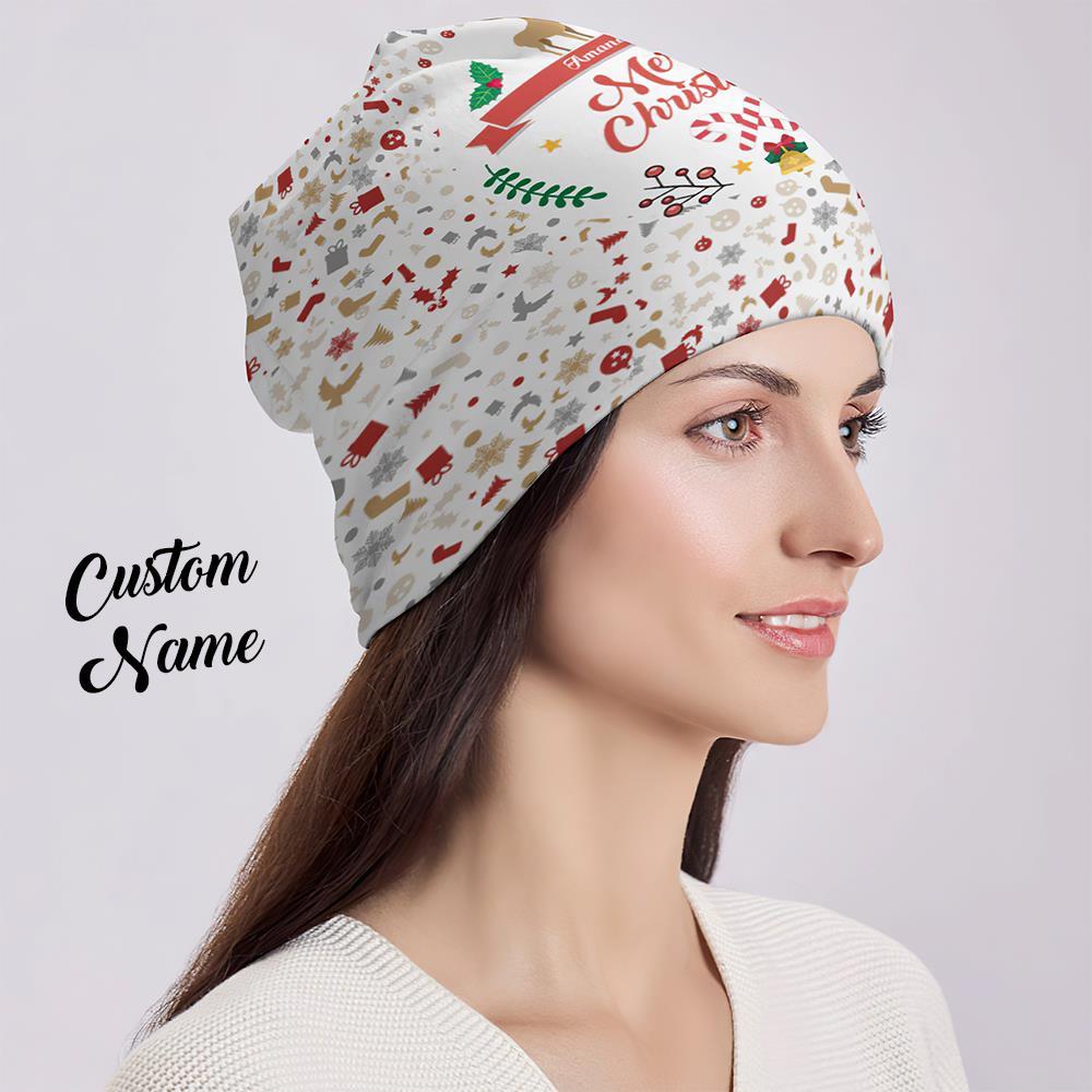 Custom Full Print Pullover Cap with Text Personalized Beanie Hats Christmas Gift for Her - Merry Chrstmas - MyFaceSocksAu