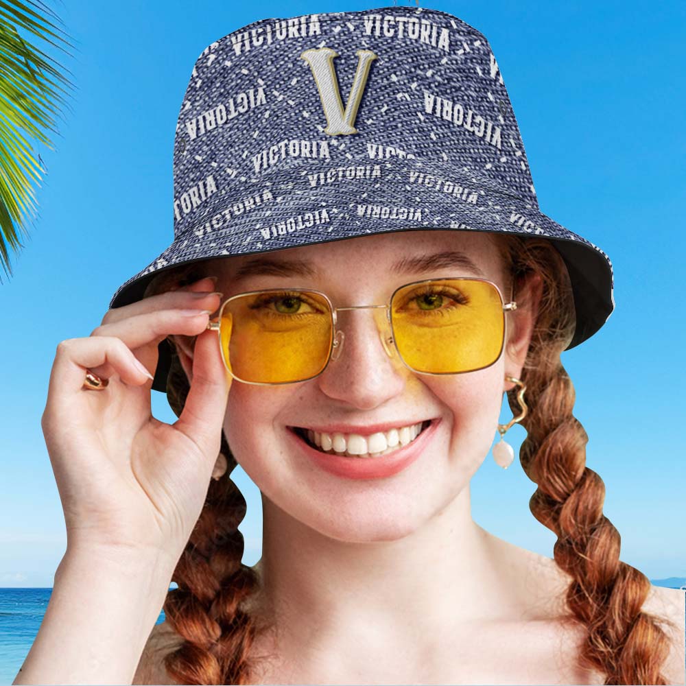 Custom Bucket Hat Unisex Blue Denim Style Fisherman Hat Personalised Your Name