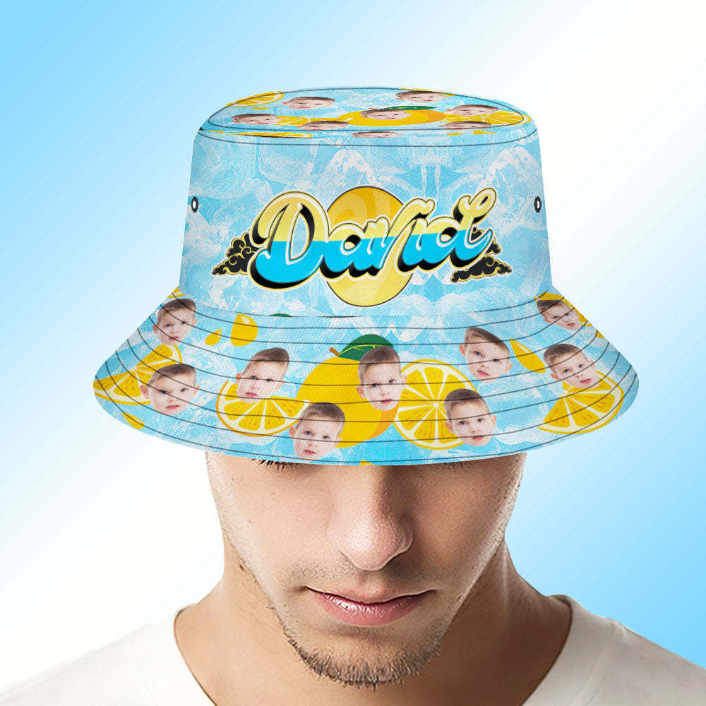 Custom Bucket Hat Unisex Face Bucket Hats Personalised Photo and Name Summer Blue Hats - MyFaceSocksAu