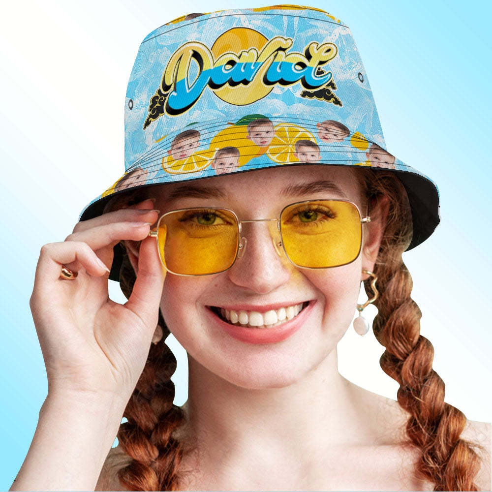 Custom Bucket Hat Unisex Face Bucket Hats Personalised Photo and Name Summer Blue Hats - MyFaceSocksAu