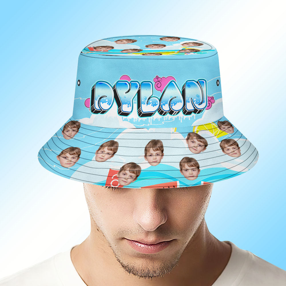 Custom Bucket Hat Unisex Face Bucket Hat Blue Personalised Wide Brim Outdoor Summer Cap
