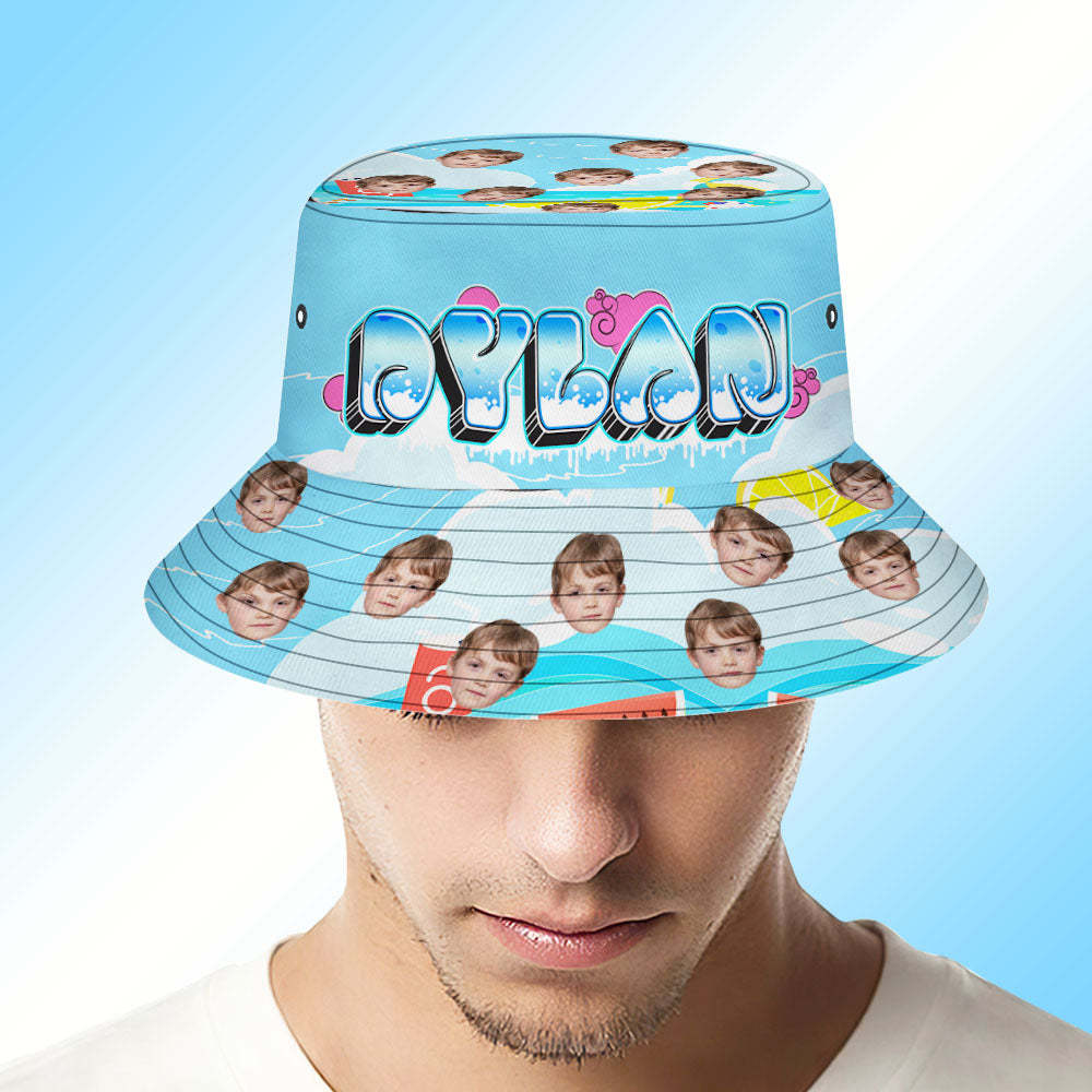 Custom Bucket Hat Unisex Face Bucket Hat Blue Personalised Wide Brim Outdoor Summer Cap - MyFaceSocksAu
