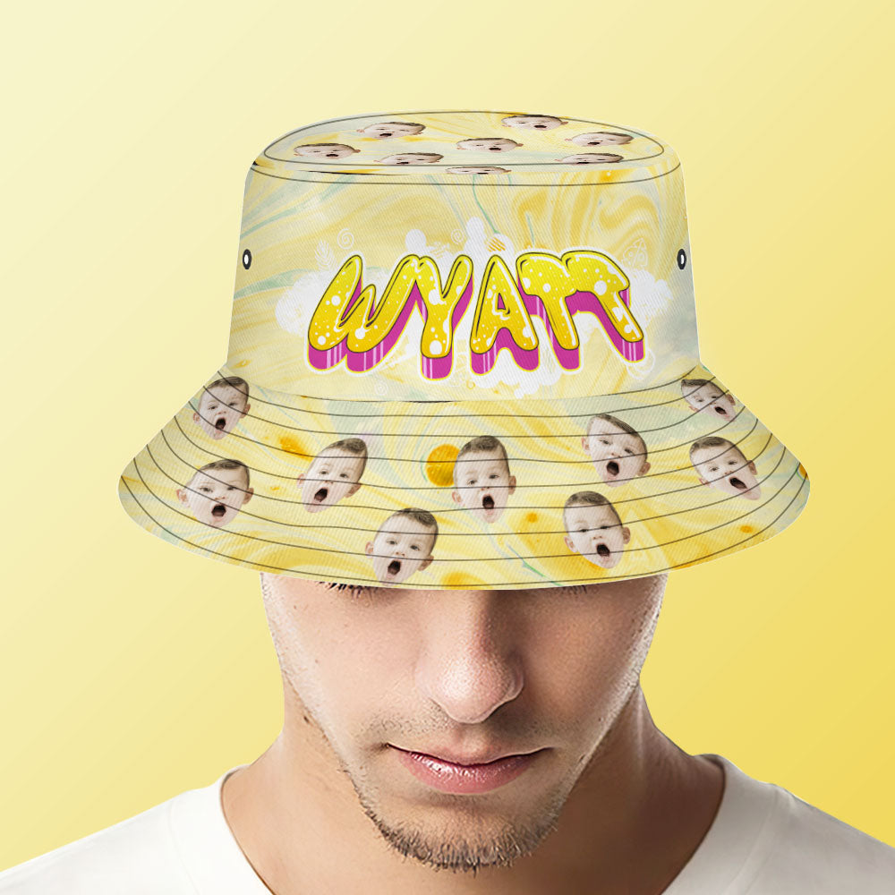 Custom Bucket Hat Unisex Face Bucket Hats Personalised Photo and Name Summer Yellow Hats
