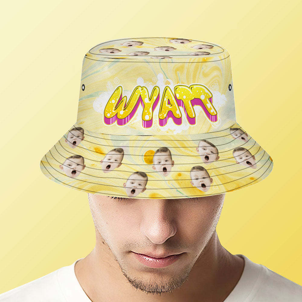 Custom Bucket Hat Unisex Face Bucket Hats Personalised Photo and Name Summer Yellow Hats - MyFaceSocksAu