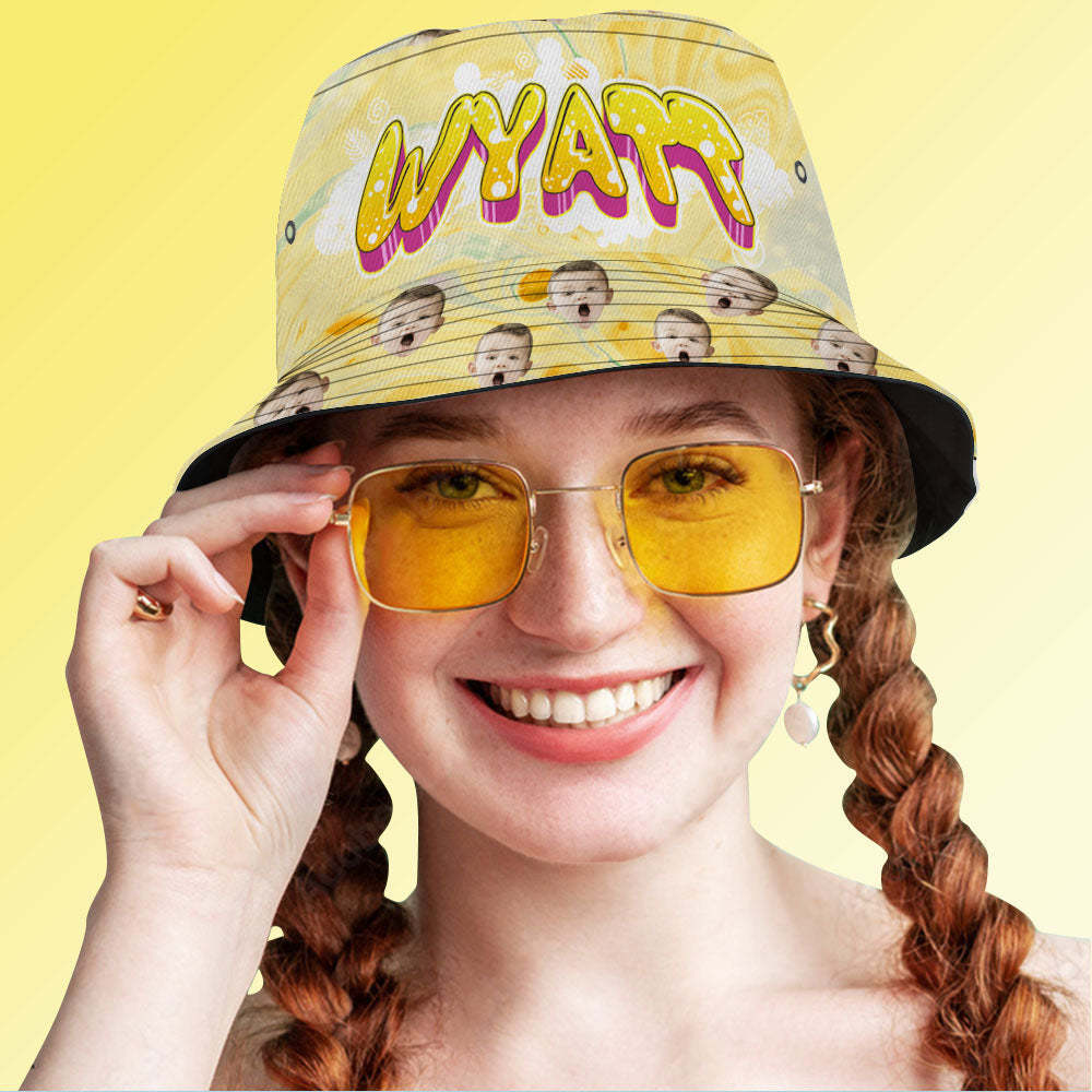 Custom Bucket Hat Unisex Face Bucket Hats Personalised Photo and Name Summer Yellow Hats - MyFaceSocksAu