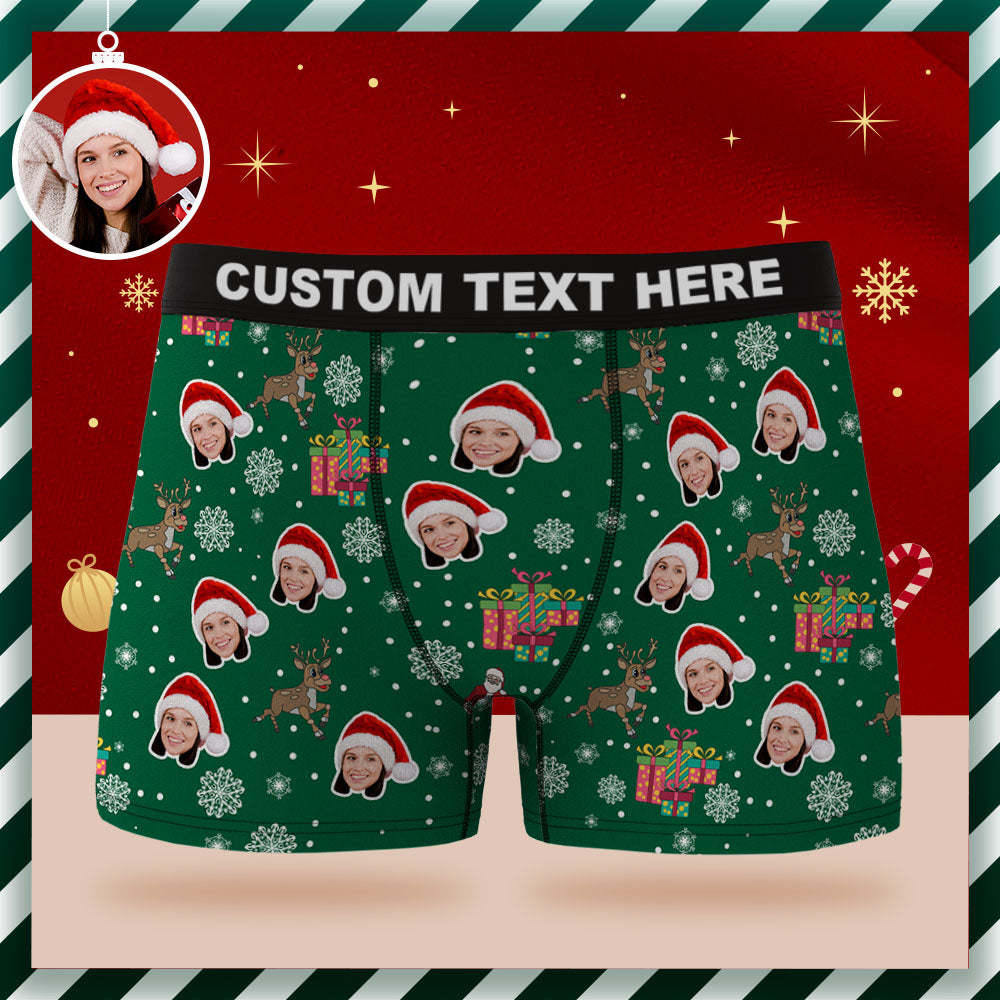 Custom Face Boxer Briefs Personalised Green Underwear Santa Claus and Elk Merry Christmas Gifts for Him-MyFaceSocksAu