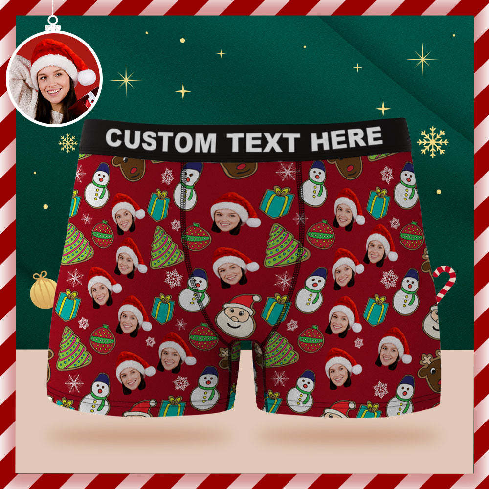 Custom Face Boxer Briefs Personalised Red Underwear Santa Claus Snowman and Elk Merry Christmas Gift for Him - MyFaceSocksAu
