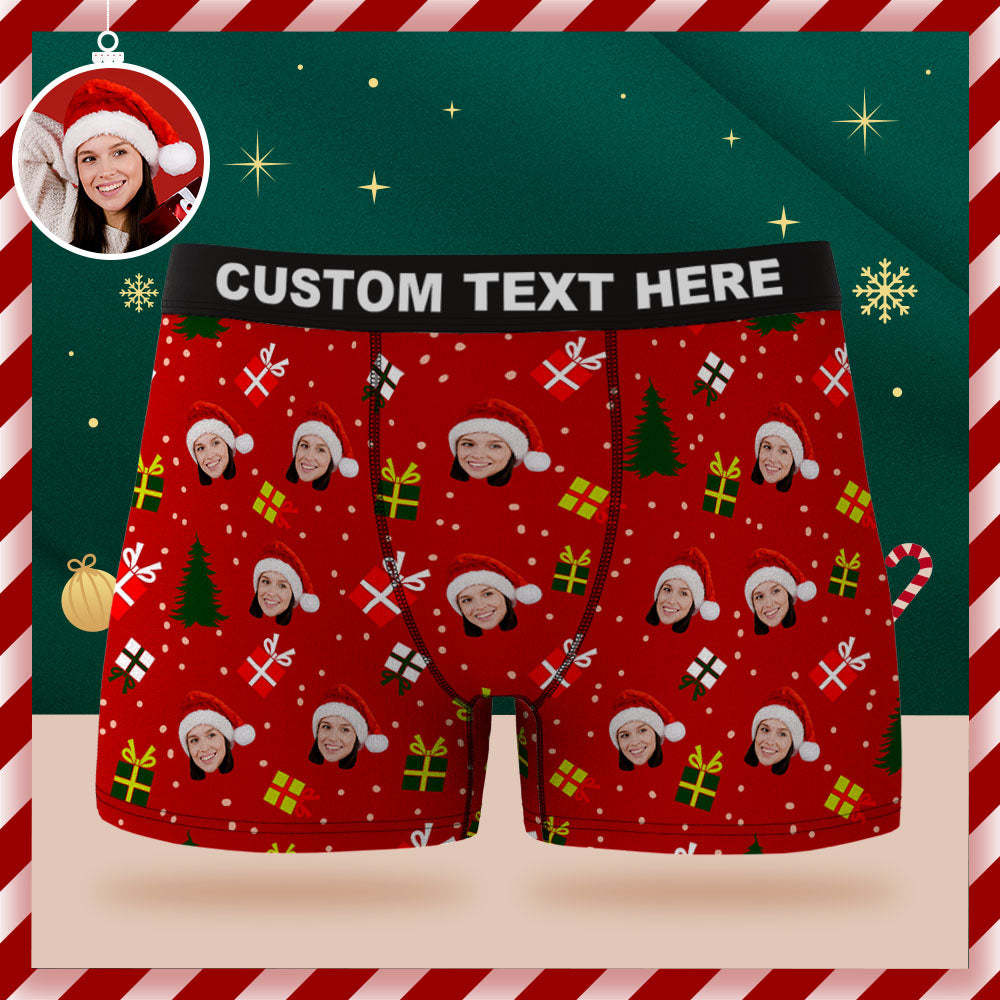 Custom Face Boxer Briefs Personalised Green Underwear Christmas Tree and Gifts Merry Christmas for Him - MyFaceSocksAu