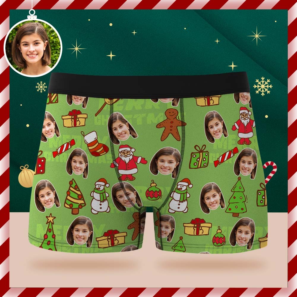 Custom Face Boxer Briefs Personalised Green Underwear Christmas Gift for Him - MyFaceSocksAu