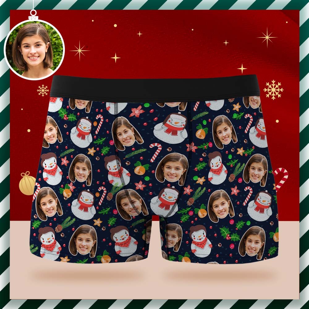 Custom Face Boxer Briefs Personalised Underwear Cute Snowman Christmas Gift for Him - MyFaceSocksAu