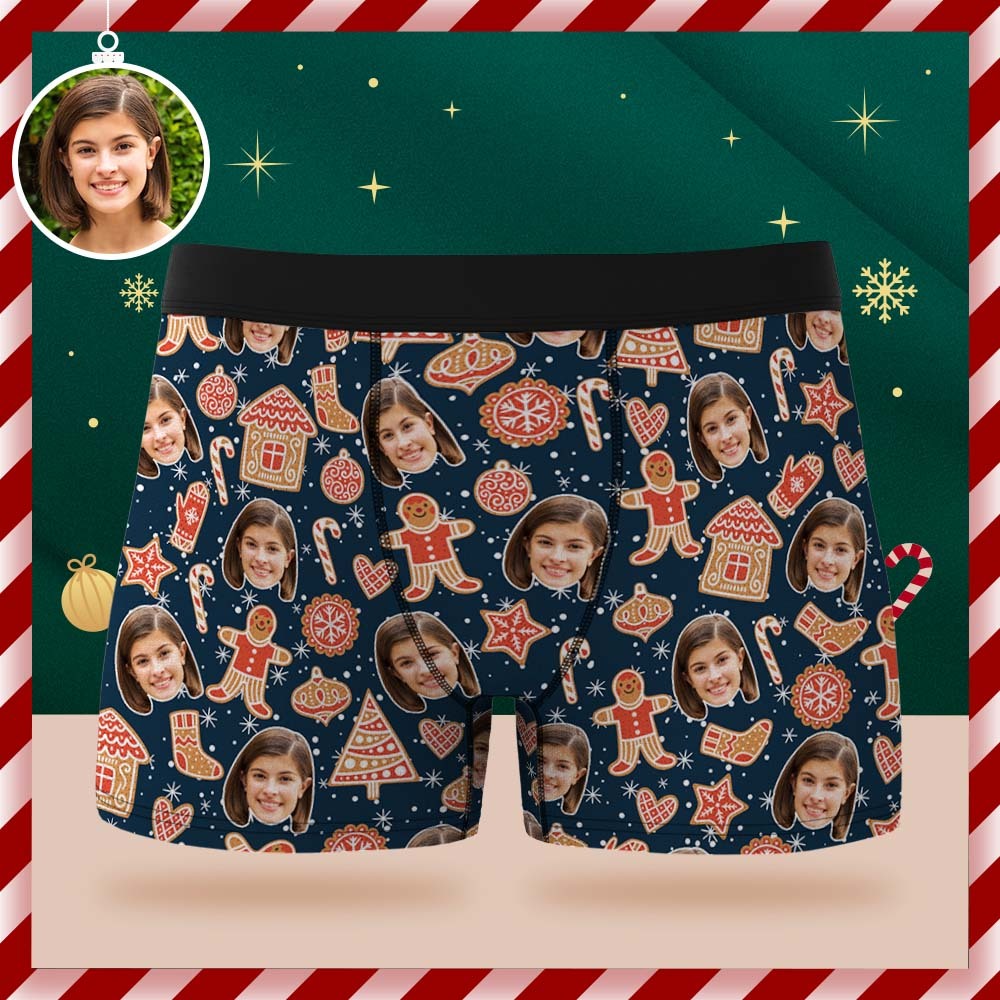 Custom Face Boxer Briefs Personalised Christmas Gingerbread Underwear Christmas Gift for Him - MyFaceSocksAu