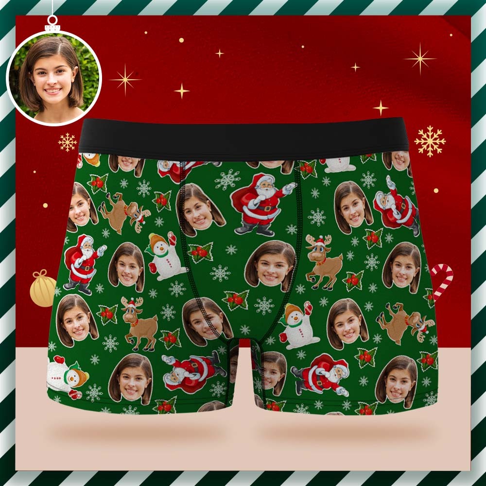 Custom Face Boxer Briefs Personalised Green Underwear Santa Claus and Snowman Christmas Gift for Him - MyFaceSocksAu