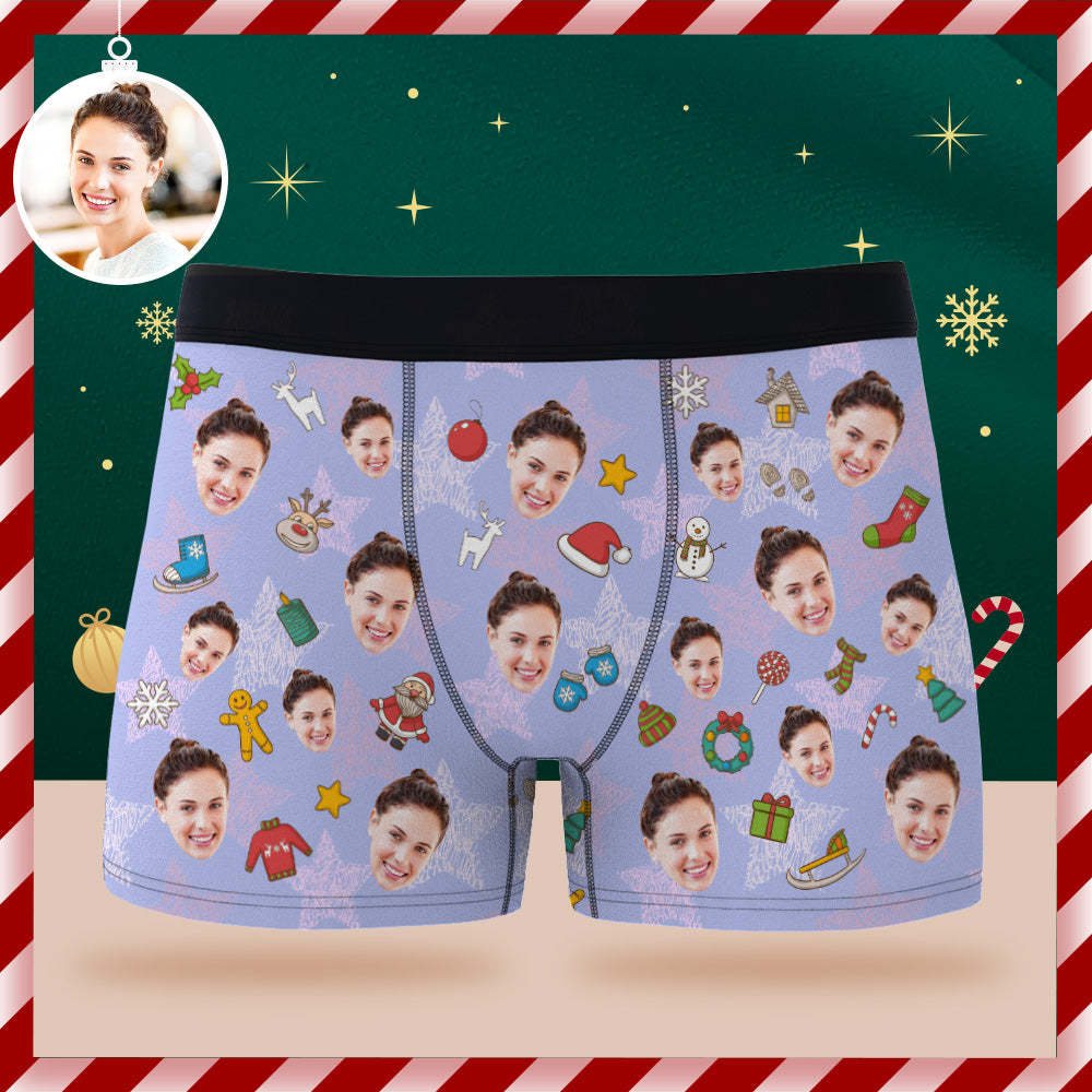 Custom Face Boxer Briefs Personalised Purple Underwear Merry Christmas Gift for Him - MyFaceSocksAu