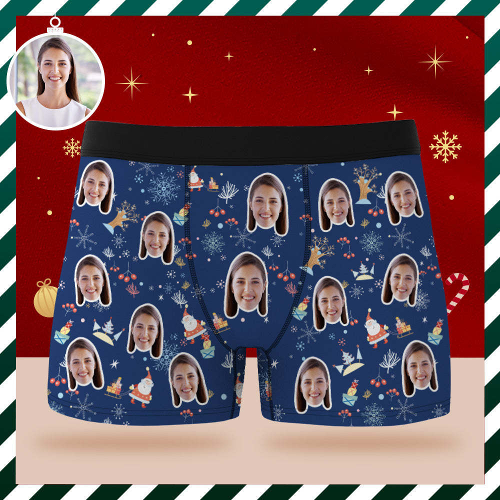 Custom Face Boxer Briefs Personalised Blue Underwear Santa Claus Merry Christmas Gift for Him - MyFaceSocksAu