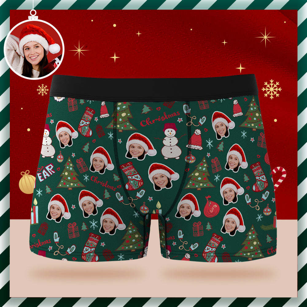 Custom Face Boxer Briefs Personalised Green Underwear Santa Claus Christmas New Year Gift for Him - MyFaceSocksAu