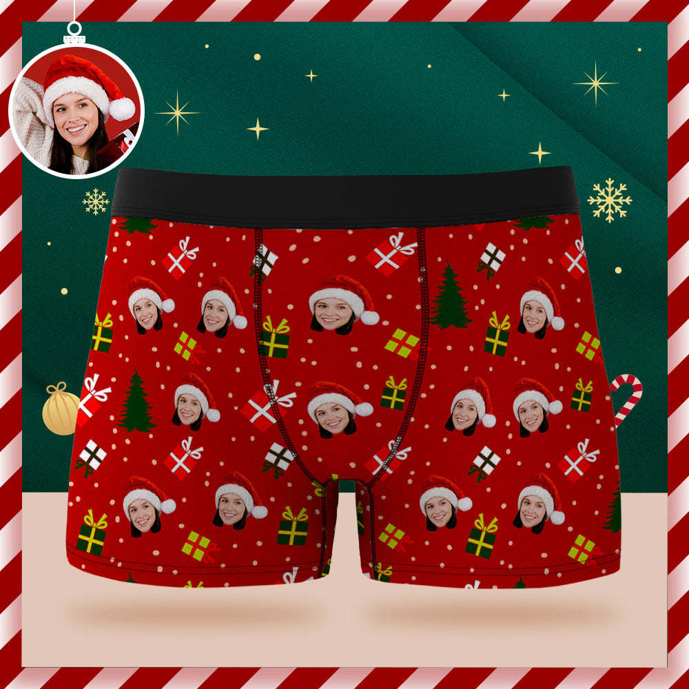 Custom Face Boxer Briefs Personalised Green Underwear Christmas Tree and Gifts Merry Christmas for Him - MyFaceSocksAu