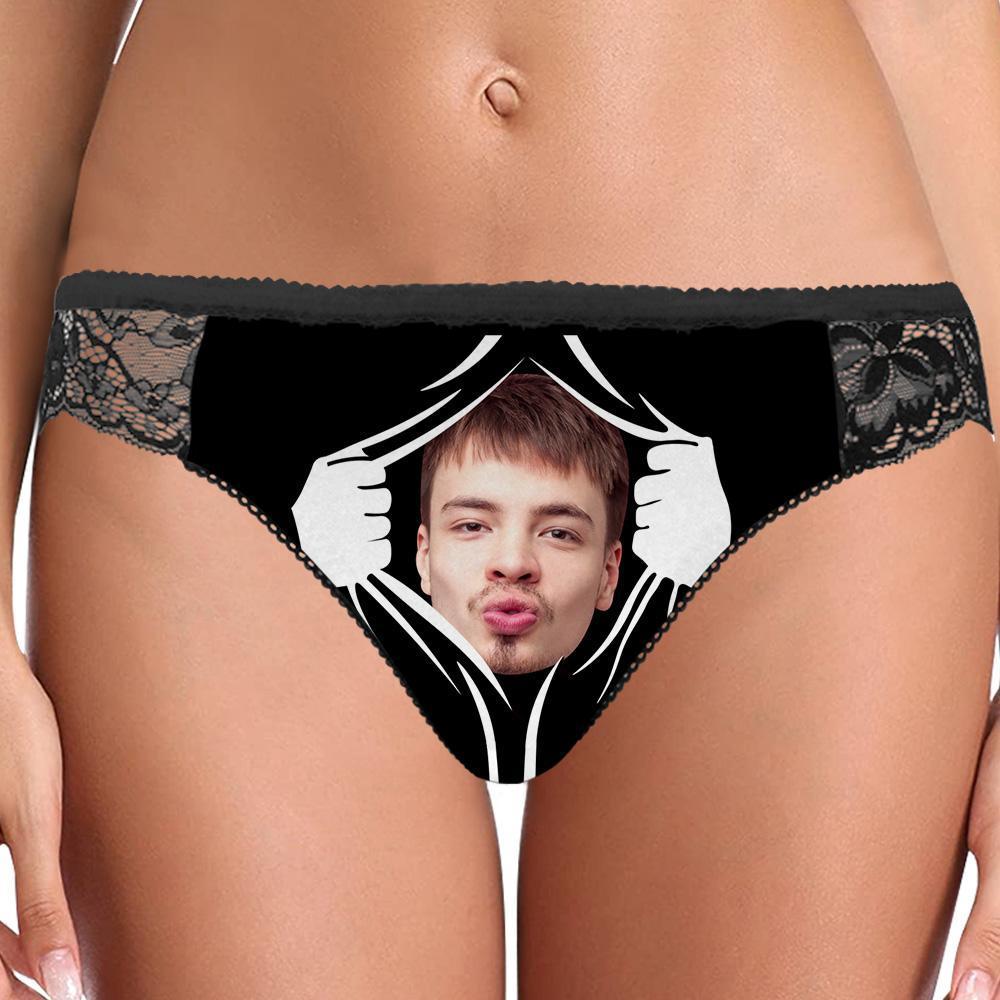 Custom Boyfriend Face Photo Women's Lace Panties - Black