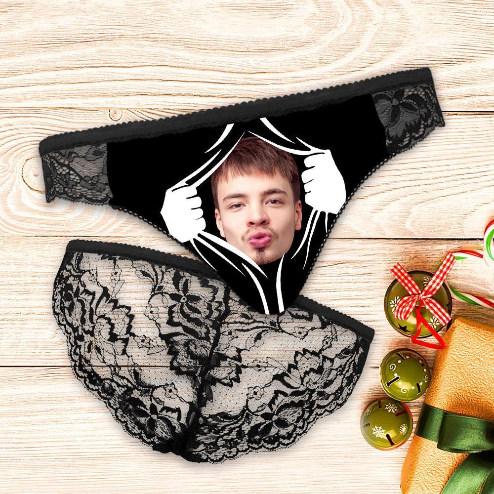 Custom Boyfriend Face Photo Women's Lace Panties - Black