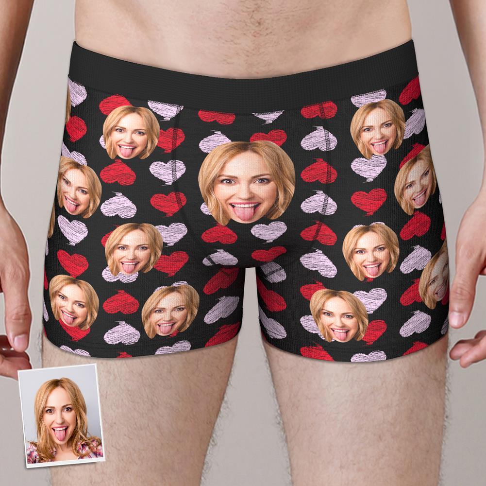Custom Face Boxer Brief Red and Pink Hearts Gifts For Him Personalized LGBT Gifts - MyFaceSocksAu