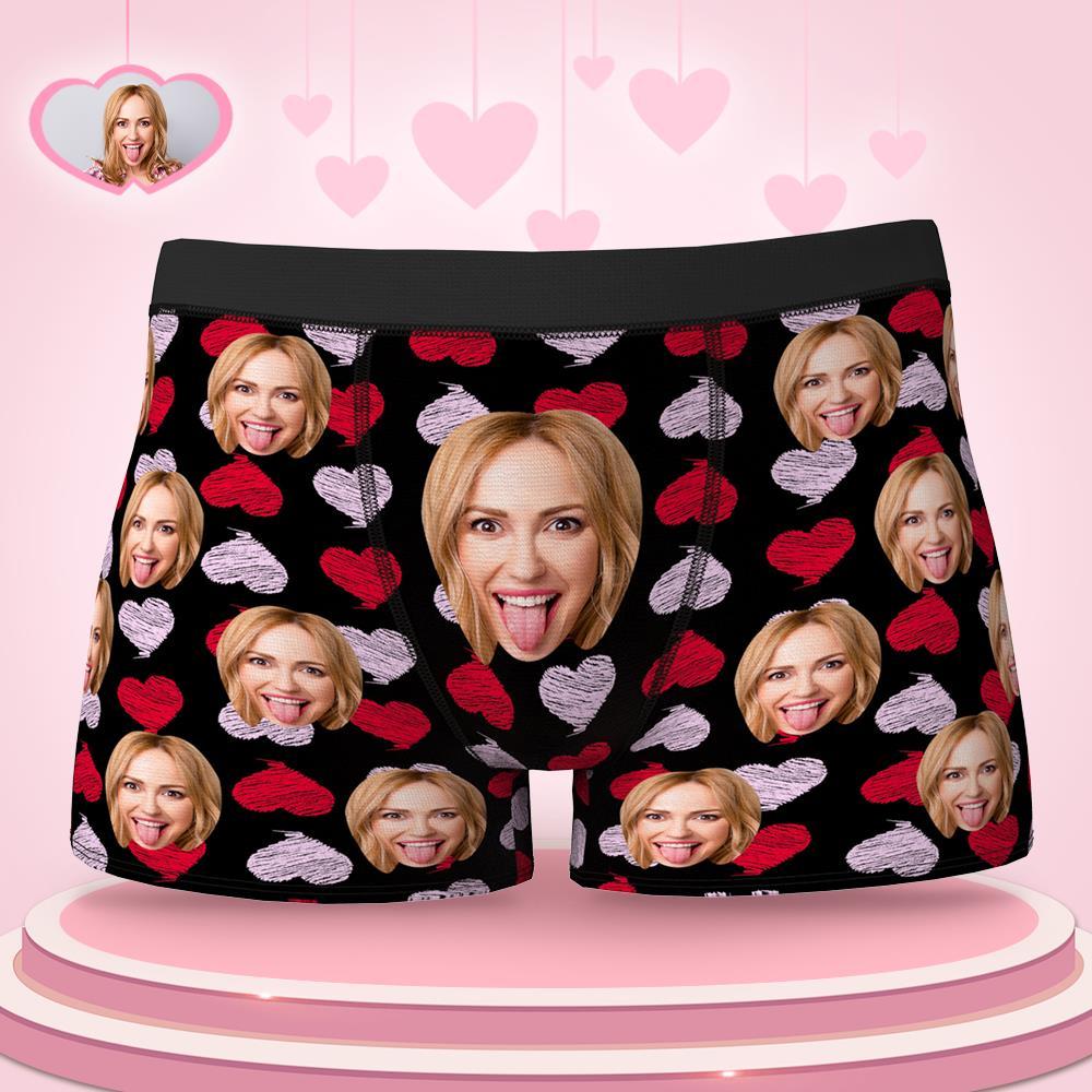 Custom Face Boxer Brief Red and Pink Hearts Gifts For Him Personalized LGBT Gifts - MyFaceSocksAu
