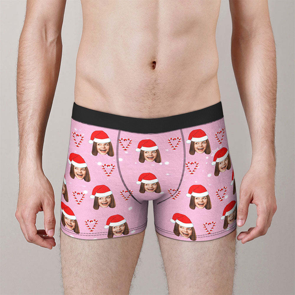 Custom Face Pink Christmas Candy Boxer Briefs Personalised Pink Christmas Gift - MyFaceSocksAu