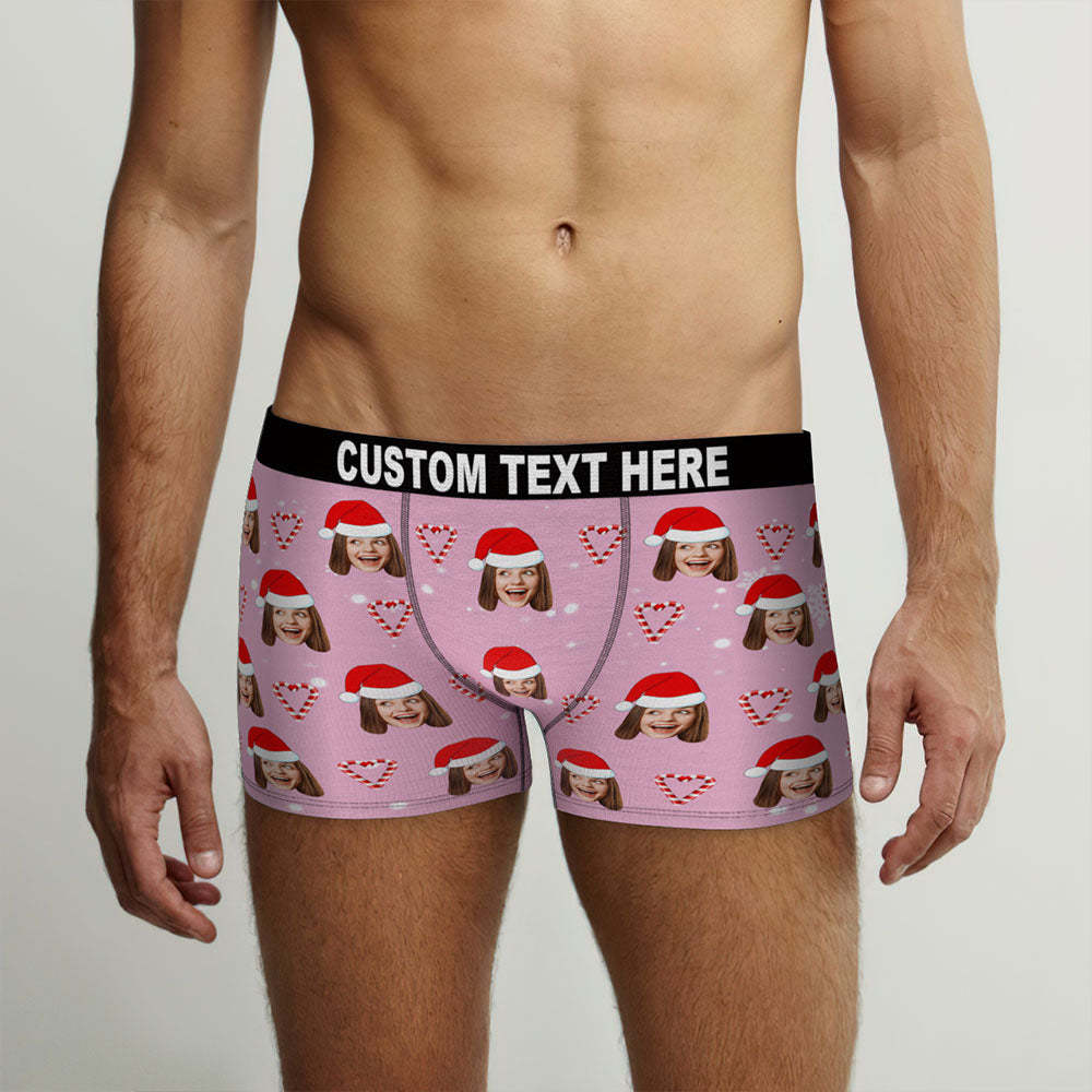 Custom Face Pink Christmas Candy Boxer Briefs Personalised Pink Christmas Gift - MyFaceSocksAu