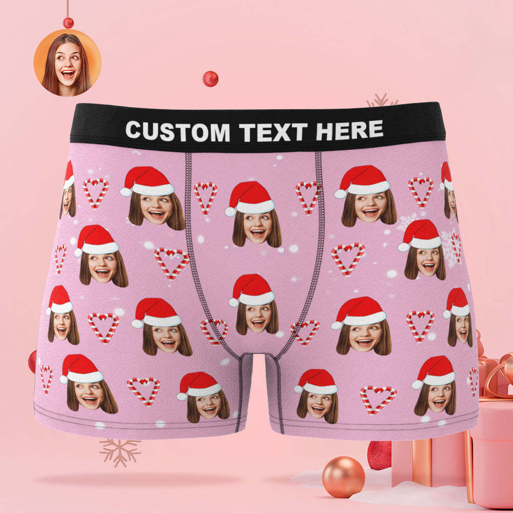 Custom Face Pink Christmas Candy Boxer Briefs Personalised Pink Christmas Gift - MyFaceSocksAu