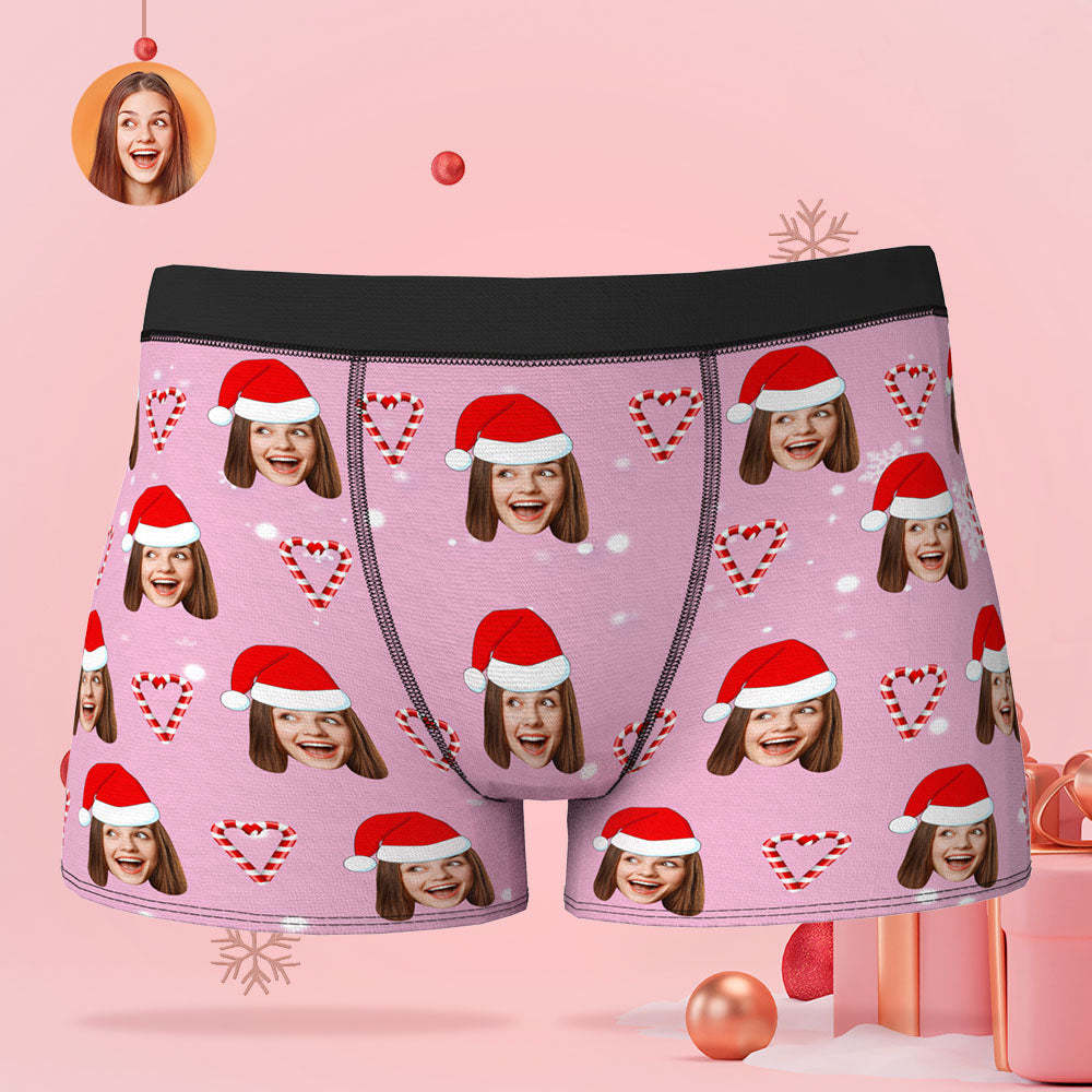 Custom Face Pink Christmas Candy Boxer Briefs Personalised Pink Christmas Gift - MyFaceSocksAu