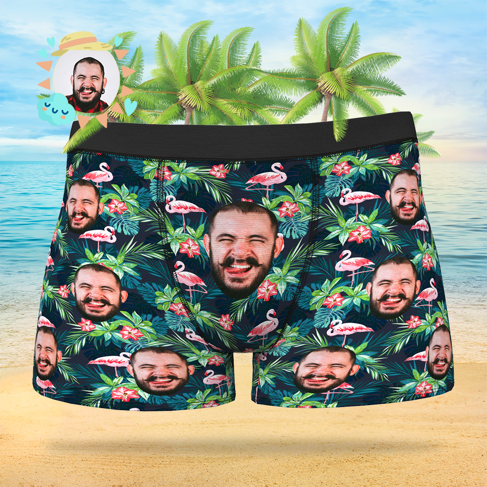 Custom Face On Boxer Shorts Men's Gifts Photo Boxer Briefs - Leaves & Flamingo - MyFaceSocksAu