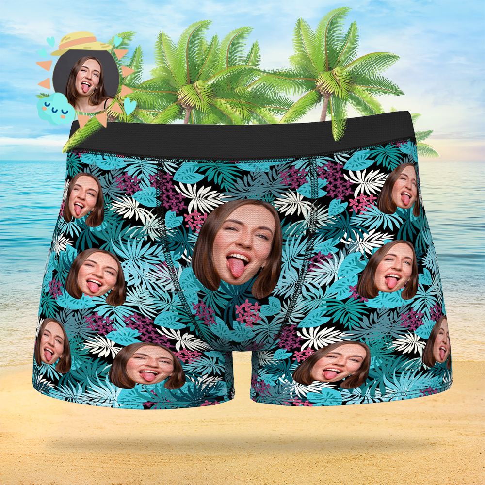 Custom Face On Boxer Shorts Men's Gifts Photo Boxer Briefs - Courful Leaves - MyFaceSocksAu