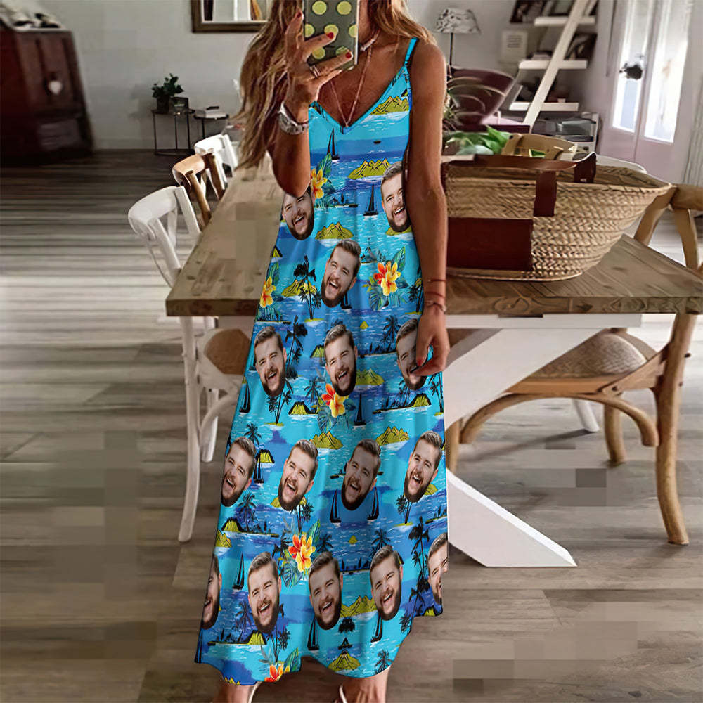 Custom Face Hawaiian Style Vice City Large Leaves Long Dress And Shirt Family Matching - MyFaceSocksAu