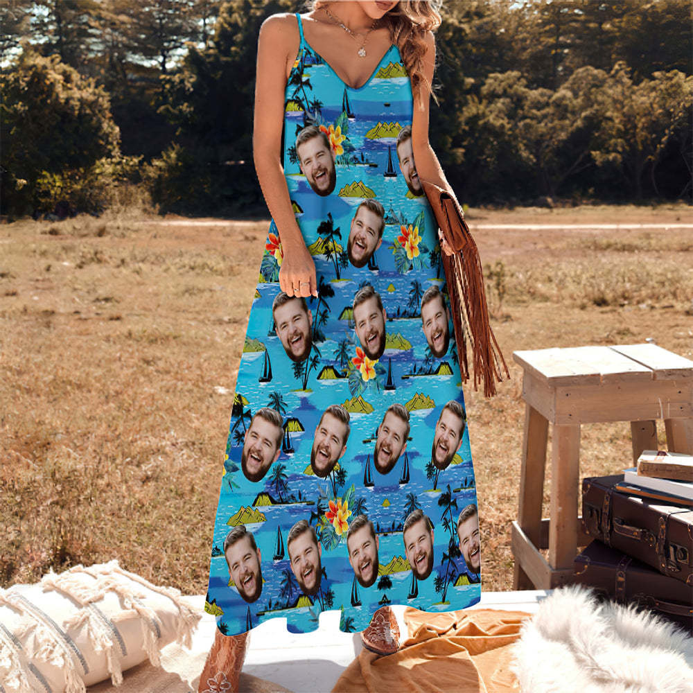 Custom Face Hawaiian Style Couple Outfit Vice City Large Leaves Long Dress And Shirt Family Matching