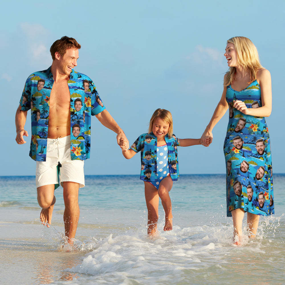 Custom Face Hawaiian Style Vice City Large Leaves Long Dress And Shirt Family Matching - MyFaceSocksAu