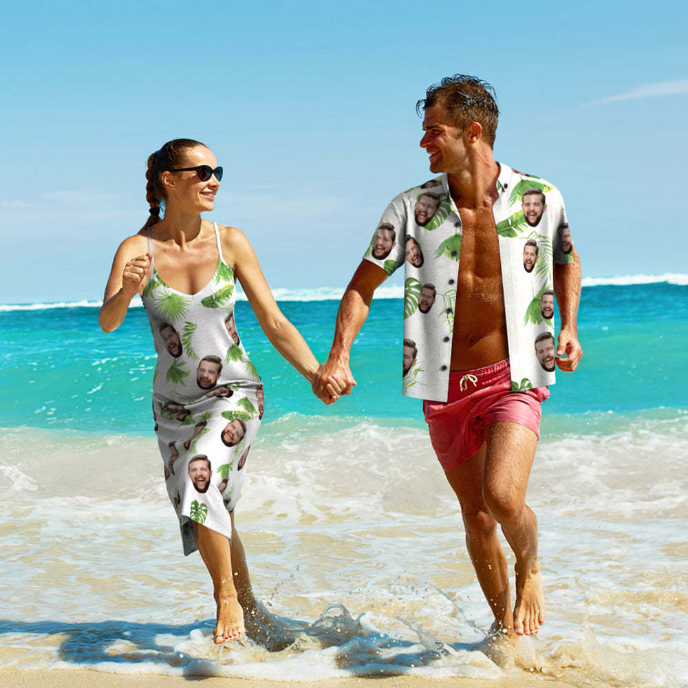 Custom Face Hawaiian Style Fresh Palm Leaves Long Dress And Shirt Couple Outfit - MyFaceSocksAu