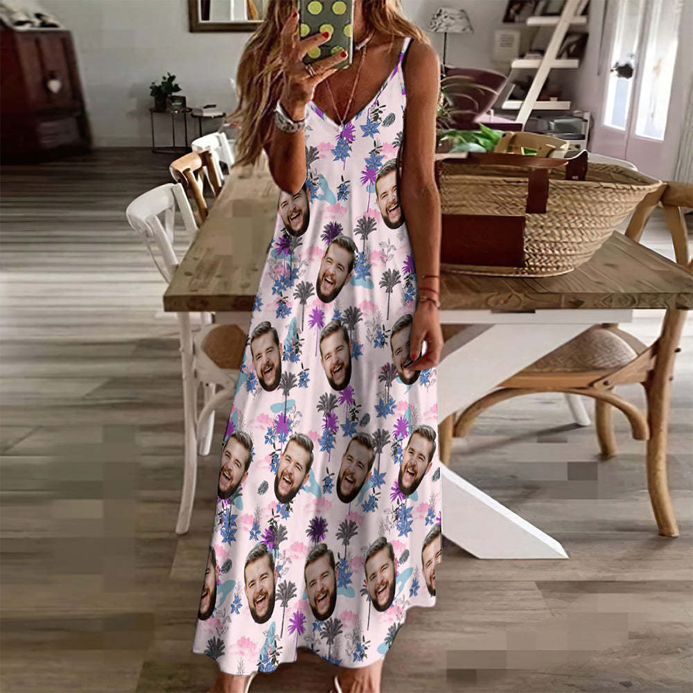 Custom Face Hawaiian Style All Over Print Clouds And Trees Long Dress And Shirt Couple Outfit - MyFaceSocksAu