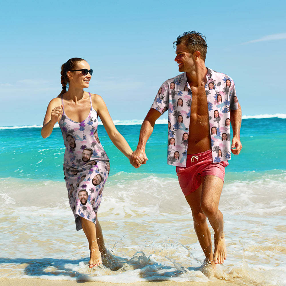 Custom Face Hawaiian Style All Over Print Clouds And Trees Long Dress And Shirt Couple Outfit - MyFaceSocksAu