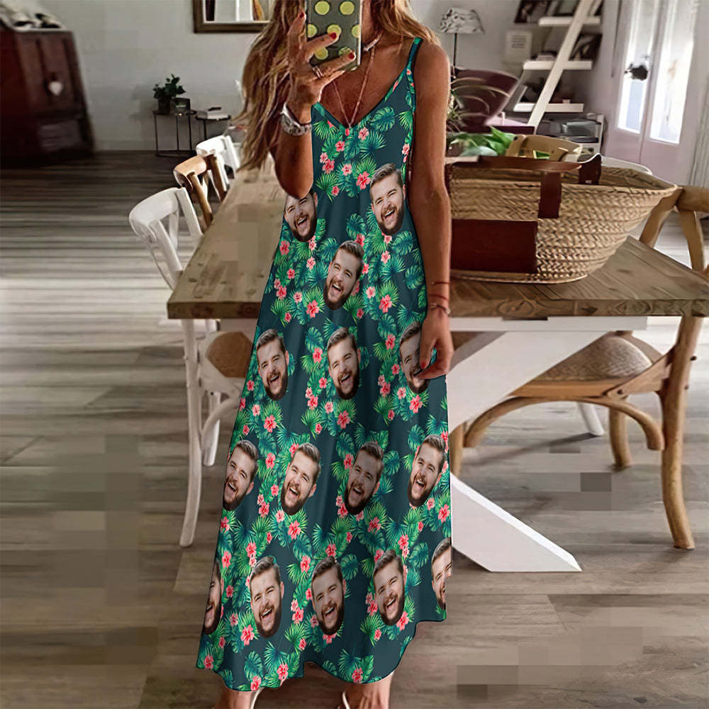 Custom Face Hawaiian Style Red Flowers Long Dress And Shirt Family Matching - MyFaceSocksAu
