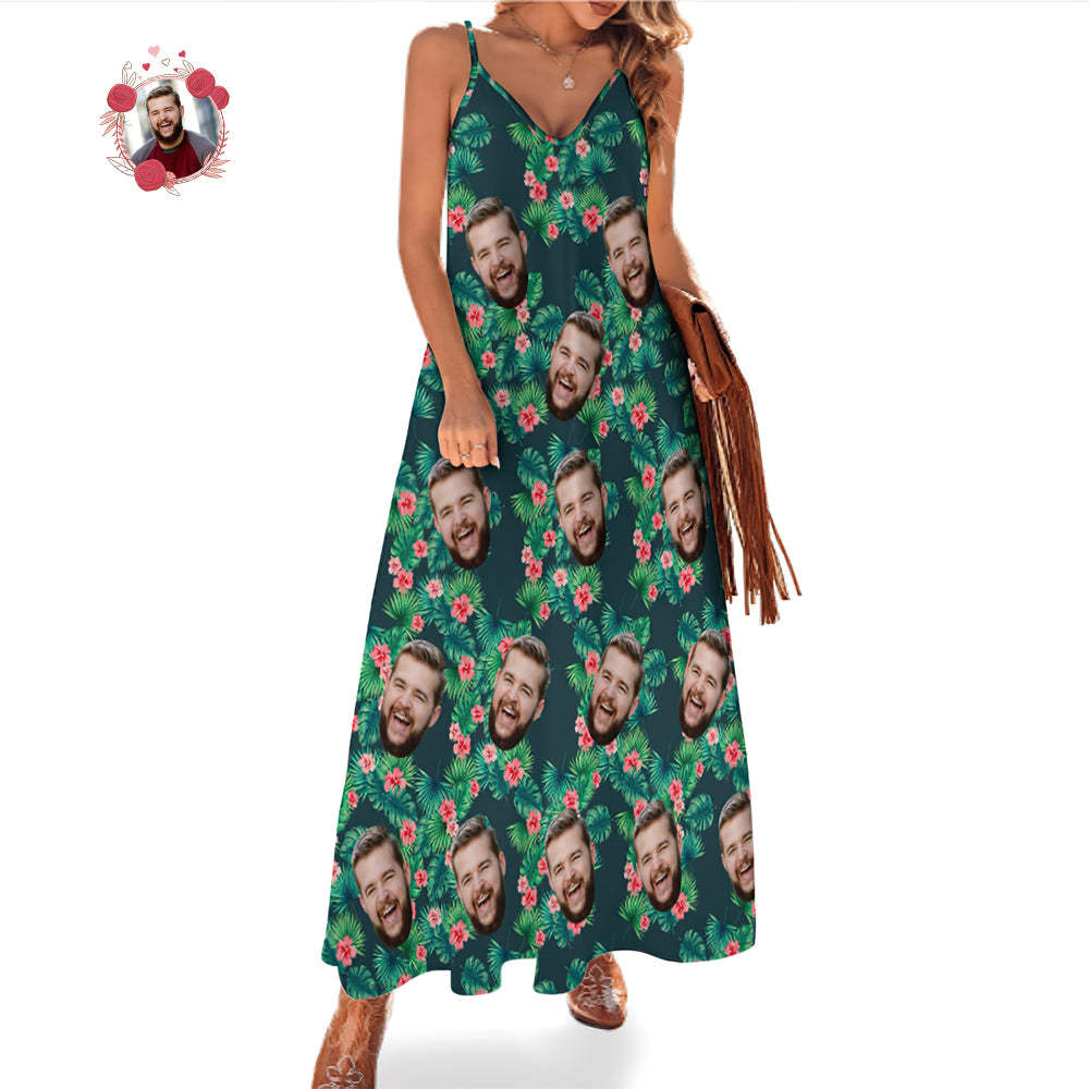 Custom Face Hawaiian Style Red Flowers Long Dress And Shirt Family Matching - MyFaceSocksAu