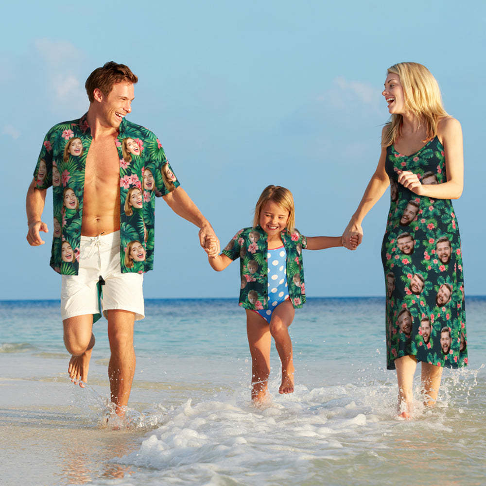 Custom Face Hawaiian Style Red Flowers Long Dress And Shirt Family Matching - MyFaceSocksAu