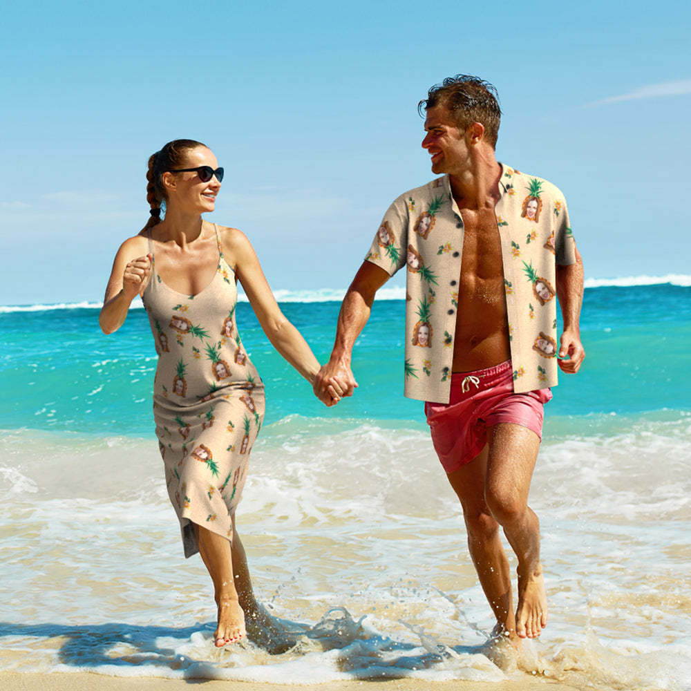 Custom Face Hawaiian Style Pineapple Pattern Tropical Floral Long Dress And Shirt Couple Outfit - MyFaceSocksAu