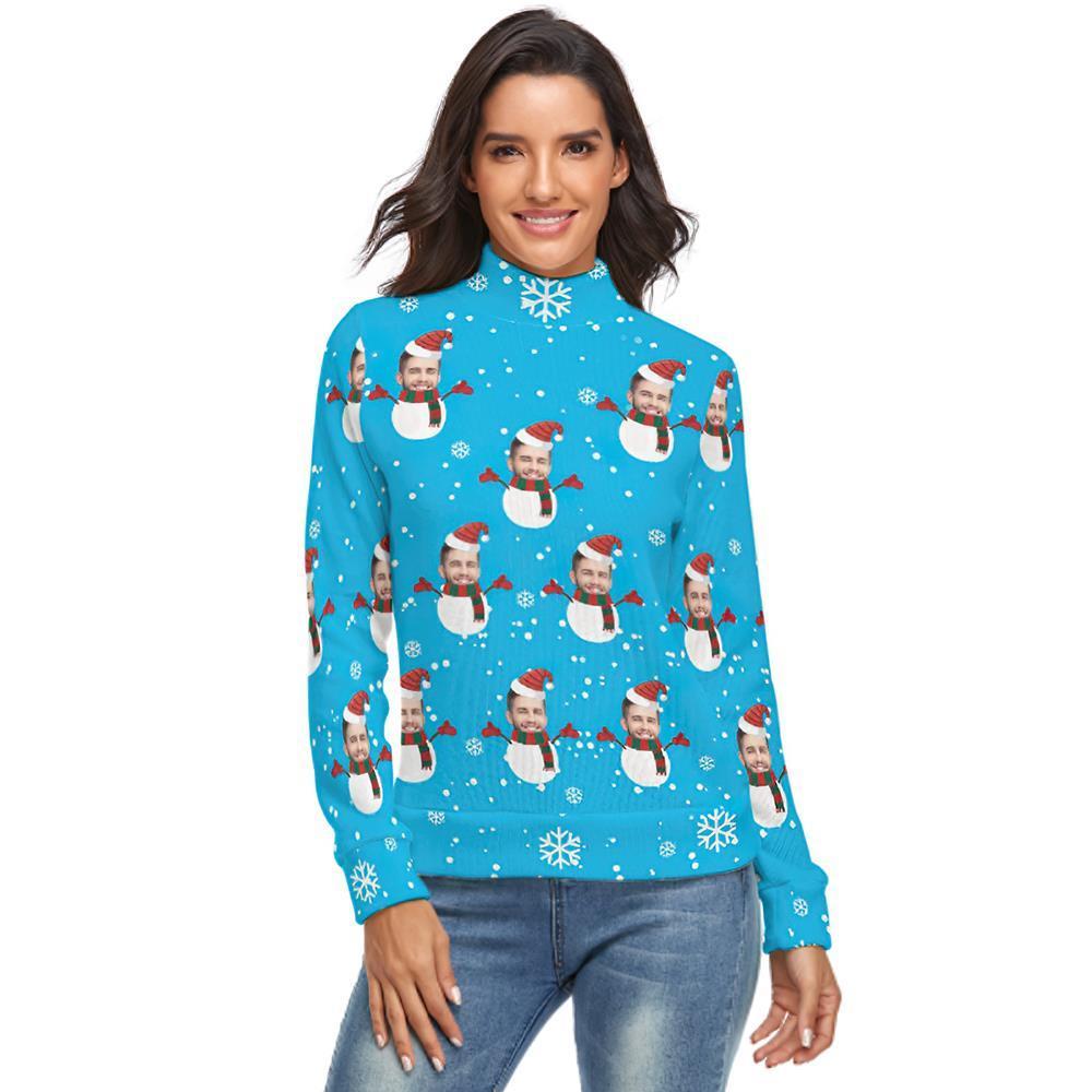 Custom Face Turtleneck for Women Ugly Christmas Sweater Knitted Loose Pullovers - Snowman - MyFaceSocksAu
